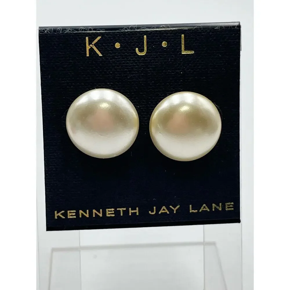 Kenneth Jay Lane KJL‎ Silver Tone Round Faux Pearl Ivory Pierced Stud Earrings - Picture 3 of 13